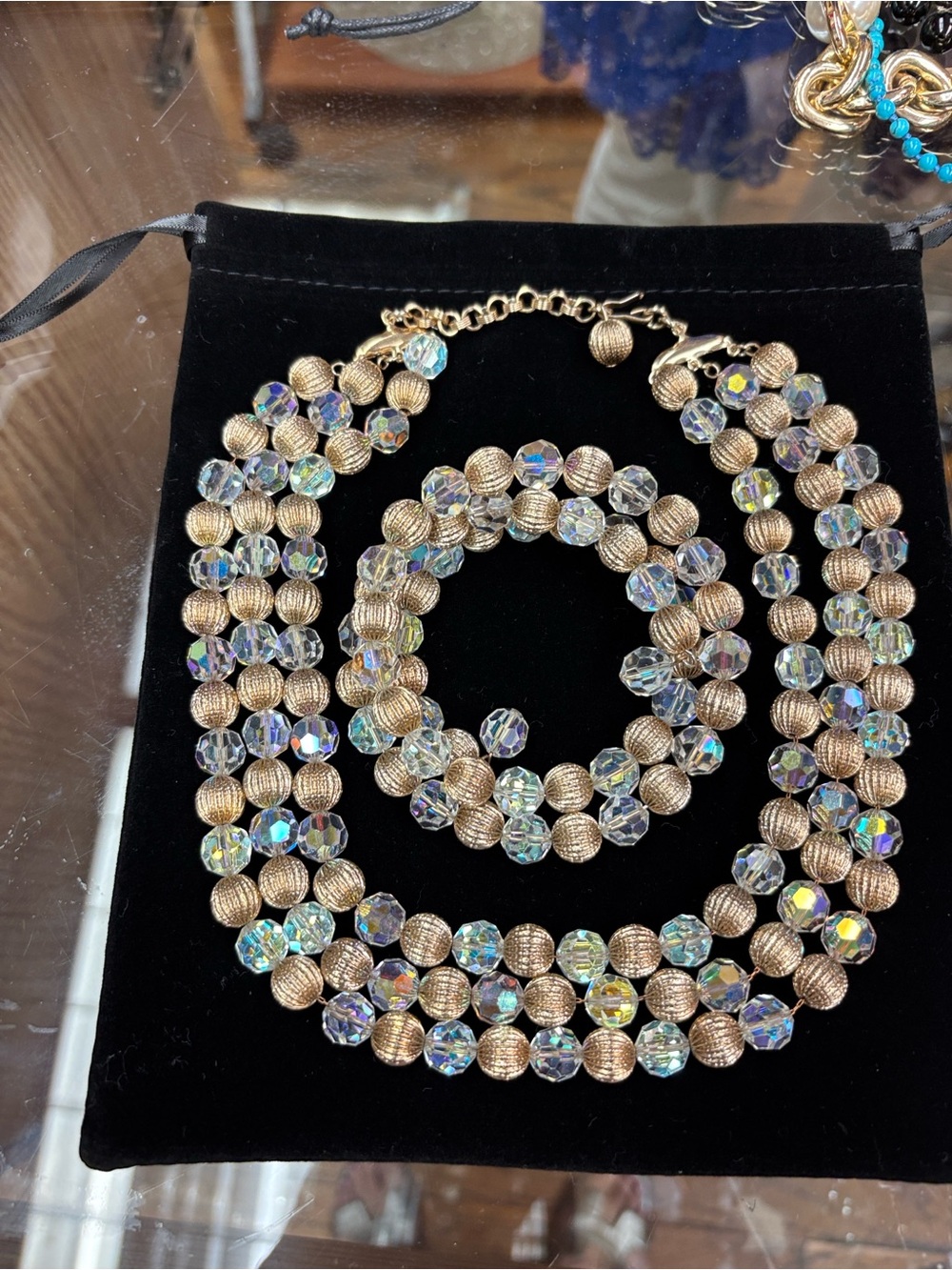 Gold and Aurora Crystal 3-Strand Necklace and Bracelet Set